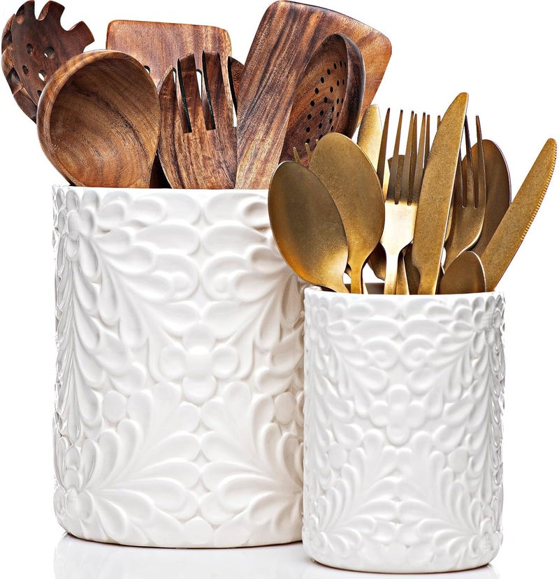 25DOL Large 7.3"+5.4" Engraved Ceramic Utensil Holder for Countertop, Cooking Utensils Organizer for Spatula, Large Utensils Crock for Kitchen Counter, Kitchen Decor, set of 2, White - Image 1